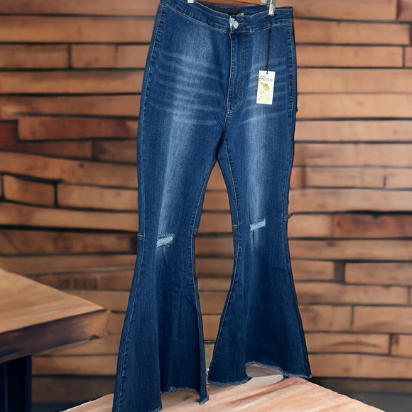 Home Folk Distressed Women's Mid Wash Blue Flare Jeans - Picture 5 of 16